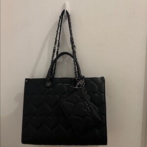 Betsey Johnson Quilted Heart Tote Bag with Chain Handles - Black